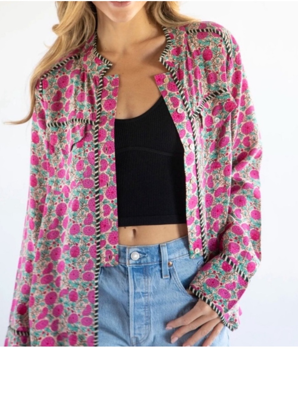 NATURAL LIFE Calypso Pink Floral Button-Down with Black & white striped Trim - Picture 7 of 7